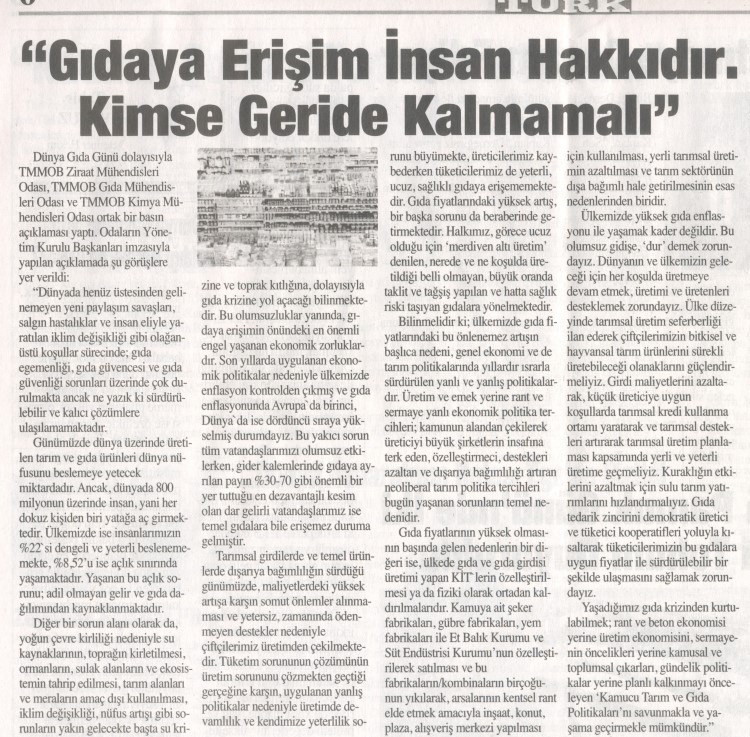 HASATTÜRK GAZETESİ: "GIDAYA ERİŞİM İNSAN HAKKIDIR. KİMSE GERİDE KALMAMALI"-1/31 EKİM 2022 