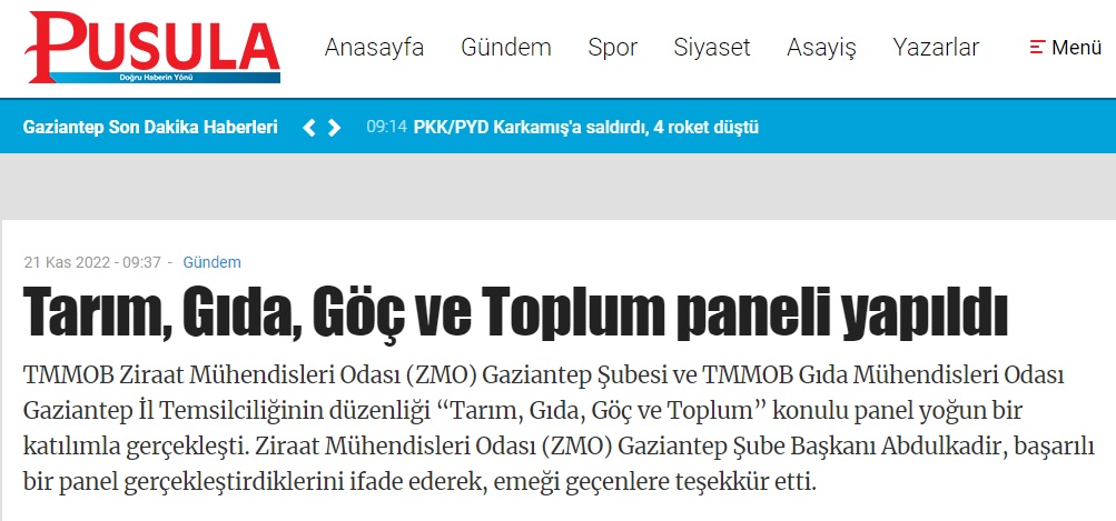 GAZİANTEP PUSULA GAZETESİ: TARIM, GIDA, GÖÇ VE TOPLUM PANELİ YAPILDI-21 KASIM 2022