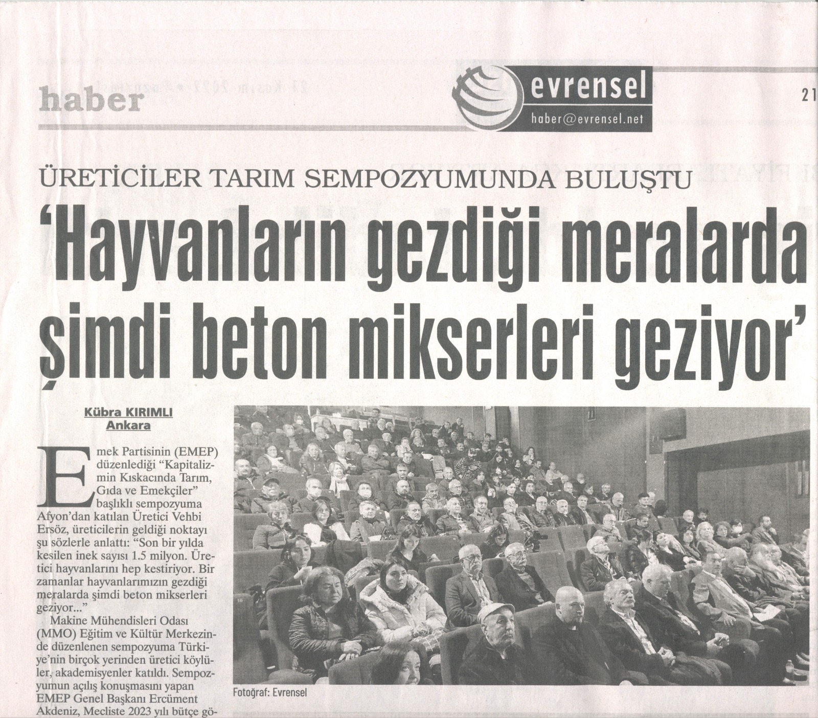 EVRENSEL GAZETESİ: HAYVANLARIN GEZDİĞİ MERALARDA ŞİMDİ BETON MİKSERLERİ GEZİYOR- 20 KASIM 2022