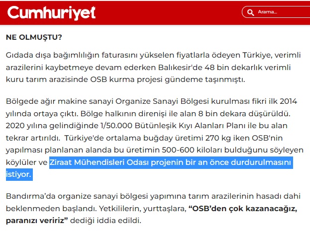 CUMHURİYET GAZETESİ: TARIM BAKANI VAHİT KİRİŞÇİ`DEN BANDIRMA OSB SAVUNMASI- 25 KASIM 2022