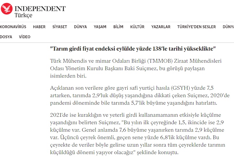 INDEPENDENT TÜRKÇE: TARIMDAKİ GİDİŞAT ALARM VERİYOR: GIDA FİYATLARI DAHA DA YÜKSELİR Mİ? TÜRKİYE DIŞA BAĞIMLI HALE GELİR Mİ?- 26 KASIM 2022