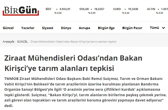 BİRGÜN GAZETESİ: ZİRAAT MÜHENDİSLERİ ODASI'NDAN BAKAN KİRİŞCİ'YE TARIM ALANLARI TEPKİSİ- 29 KASIM 2022