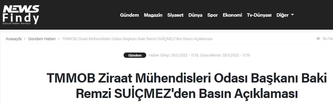 NEWSFİNDY GÜNCEL HABER MERKEZİ: TMMOB ZİRAAT MÜHENDİSLERİ ODASI BAŞKANI BAKİ REMZİ SUİÇMEZ`DEN BASIN AÇIKLAMASI- 29 KASIM 2022