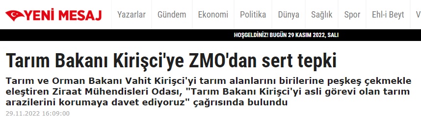 YENİ MESAJ GAZETESİ: TARIM BAKANI KİRİŞCİ`YE ZMO`DAN SERT TEPKİ- 29 KASIM 2022