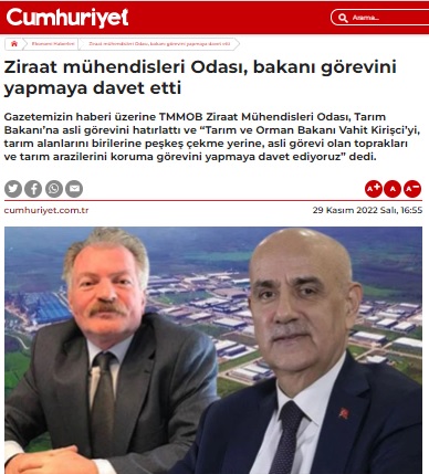 CUMHURİYET GAZETESİ: ZİRAAT MÜHENDİSLERİ ODASI, BAKANI GÖREVİNİ YAPMAYA DAVET ETTİ- 29 KASIM 2022