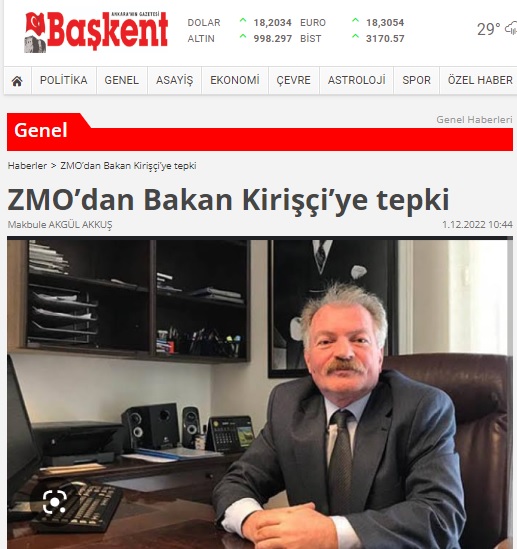 BAŞKENT GAZETESİ: ZMO'DAN BAKAN KİRİŞÇİ'YE TEPKİ- 1 ARALIK 2022