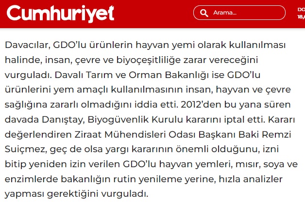 CUMHURİYET GAZETESİ: GDO`LU HAYVAN YEMİNİN KULLANIMINA YARGI ENGEL OLDU-8 ARALIK 2022