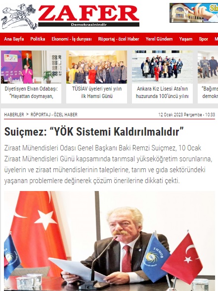 ZAFER GAZETESİ: SUİÇMEZ: "YÖK SİSTEMİ KALDIRILMALIDIR"- 12 OCAK 2023