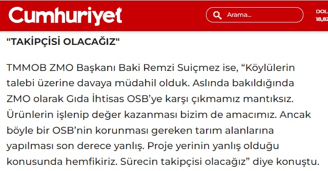 CUMHURİYET GAZETESİ: BİLECİK'TE TARIM ARAZİSİNE YAPILACAK OSB PROJESİNE TEPKİLER SÜRÜYOR- 7 ŞUBAT 2023