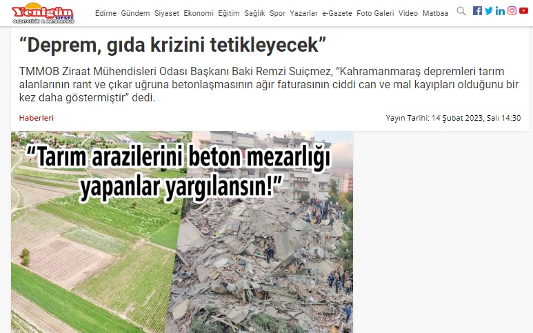 EDİRNE YENİGÜN GAZETESİ: "DEPREM, GIDA KRİZİNİ TETİKLEYECEK"-14 ŞUBAT 2023