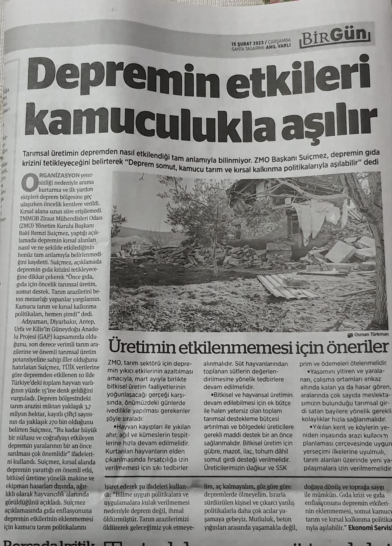 BİRGÜN GAZETESİ: DEPREMİN ETKİLERİ KAMUCULUKLA AŞILIR-15 ŞUBAT 2023