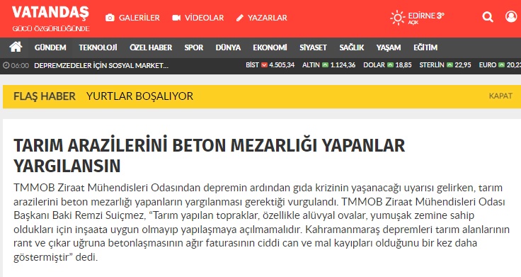 VATANDAŞ GAZETESİ: TARIM ARAZİLERİNİ BETON MEZARLIĞI YAPANLAR YARGILANSIN-15 ŞUBAT 2023