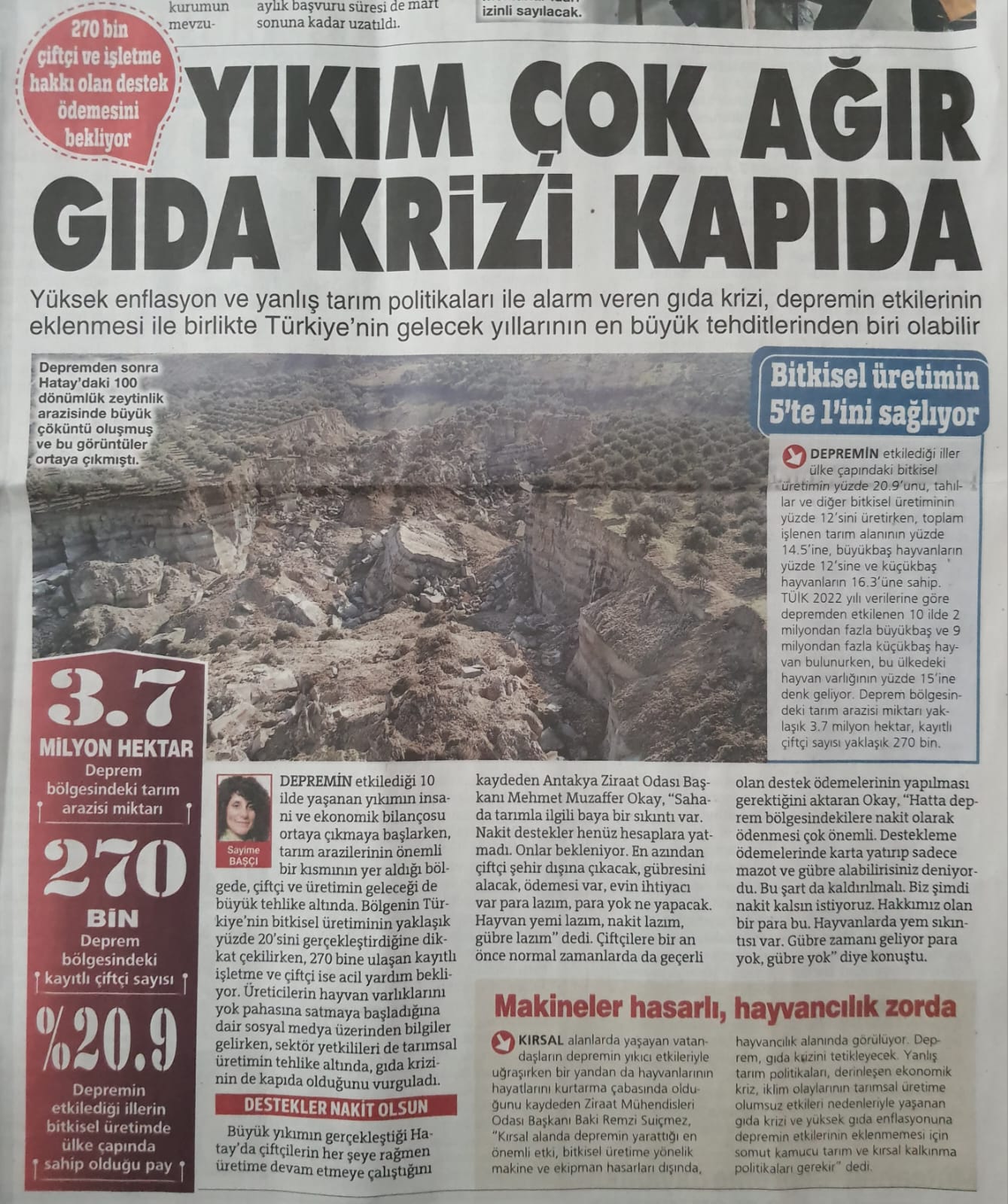 SÖZCÜ GAZETESİ: YIKIM ÇOK AĞIR GIDA KRİZİ KAPIDA-16 ŞUBAT 2023