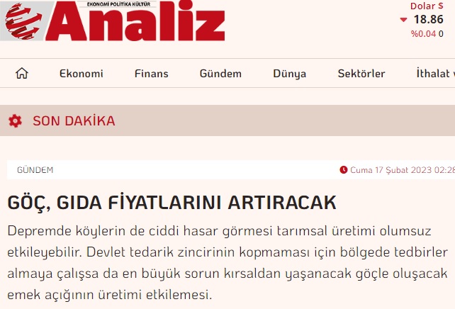 ANALİZ GAZETESİ: GÖÇ, GIDA FİYATLARINI ARTIRACAK-17 ŞUBAT 2023