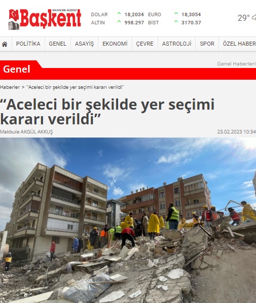 BAŞKENT GAZETESİ: "ACELECİ BİR ŞEKİLDE YER SEÇİMİ KARARI VERİLDİ"-23 ŞUBAT 2023