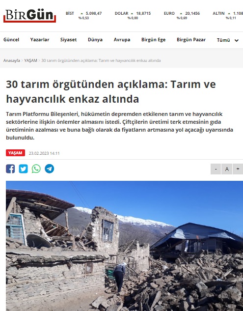 BİRGÜN GAZETESİ: 30 TARIM ÖRGÜTÜNDEN AÇIKLAMA: TARIM VE HAYVANCILIK ENKAZ ALTINDA- 23 ŞUBAT 2023