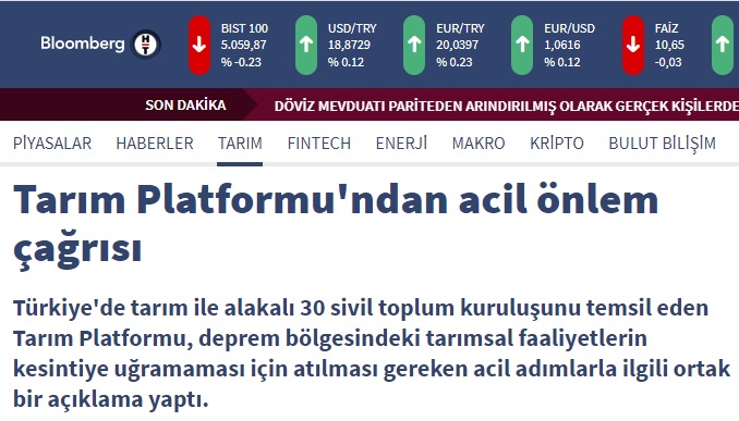 BLOOMBERGHT: TARIM PLATFORMU`NDAN ACİL ÖNLEM ÇAĞRISI-23 ŞUBAT 2023