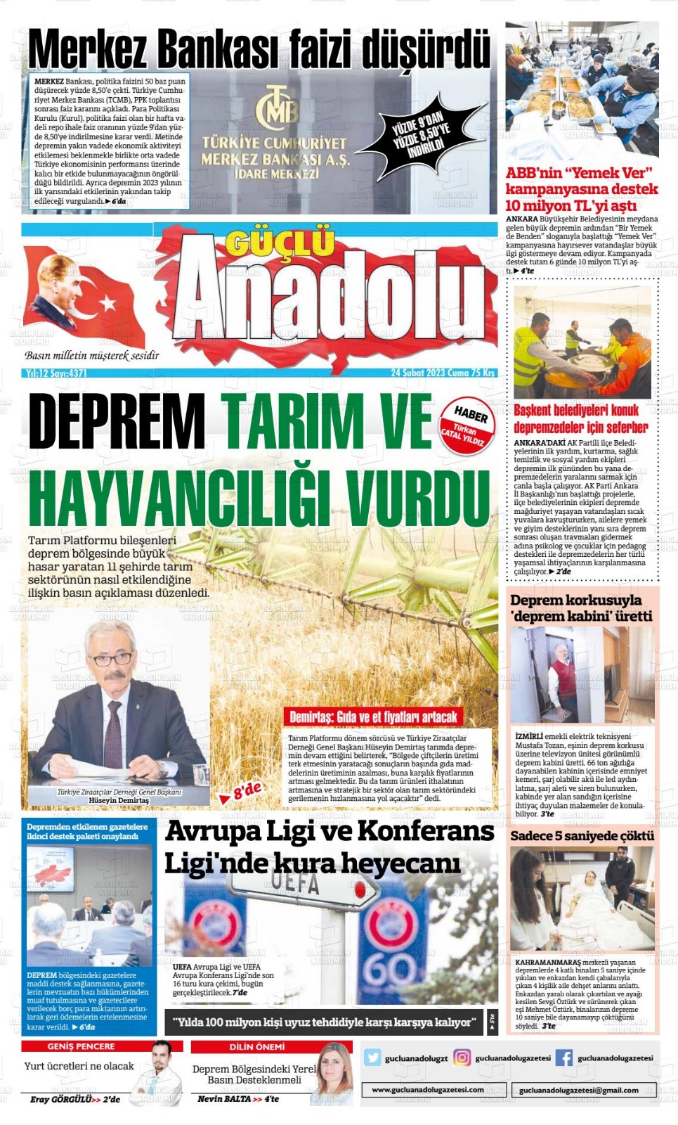 GÜÇLÜ ANADOLU GAZETESİ: DEPREM TARIM VE HAYVANCILIĞI DA VURDU-23 ŞUBAT 2023