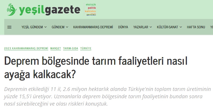 YEŞİL GAZETE: DEPREM BÖLGESİNDE TARIM FAALİYETLERİ NASIL AYAĞA KALKACAK?-2 MART 2023