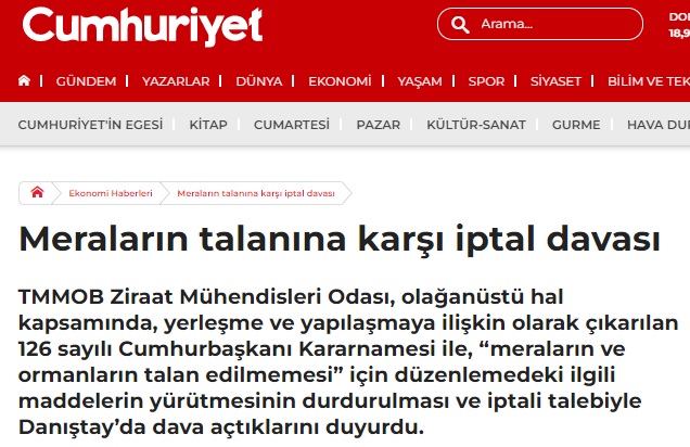 CUMHURİYET GAZETESİ: MERALARIN TALANINA KARŞI İPTAL DAVASI- 7 MART 2023