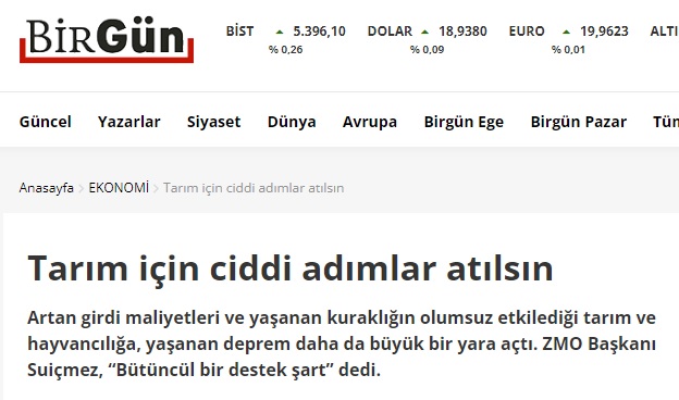 BİRGÜN GAZETESİ: TARIM İÇİN CİDDİ ADIMLAR ATILSIN-8 MART 2023