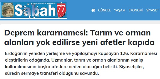 GAZİANTEP SABAH GAZETESİ: DEPREM KARARNAMESİ: TARIM VE ORMAN ALANLARI YOK EDİLİRSE YENİ AFETLER KAPIDA- 17 MART 2023