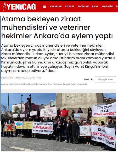 YENİÇAĞ GAZETESİ: ATAMA BEKLEYEN ZİRAAT MÜHENDİSLERİ VE VETERİNER HEKİMLER ANKARA`DA EYLEM YAPTI-14 NİSAN 2023