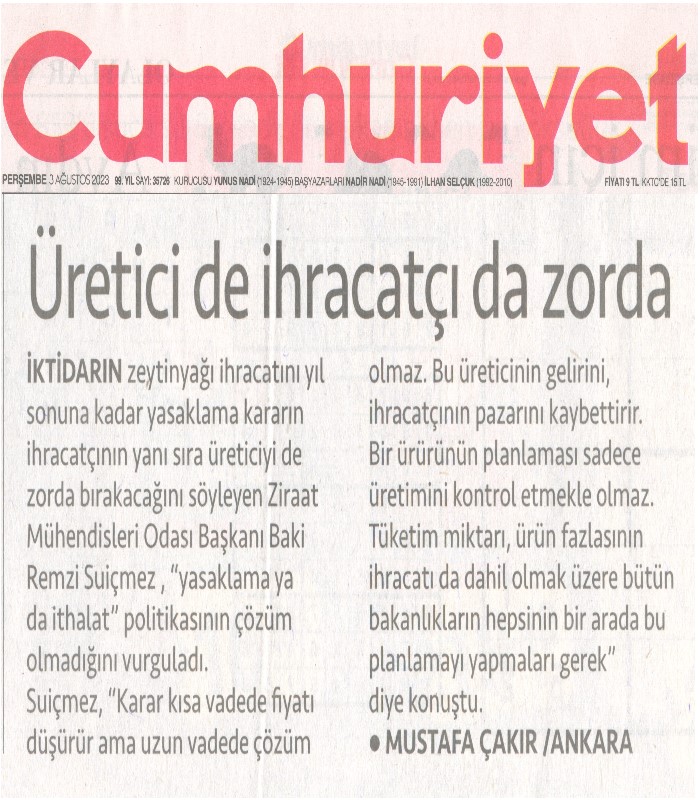 CUMHURİYET GAZETESİ: ÜRETİCİ DE İHRACATÇI DA ZORDA- 3 AĞUSTOS 2023