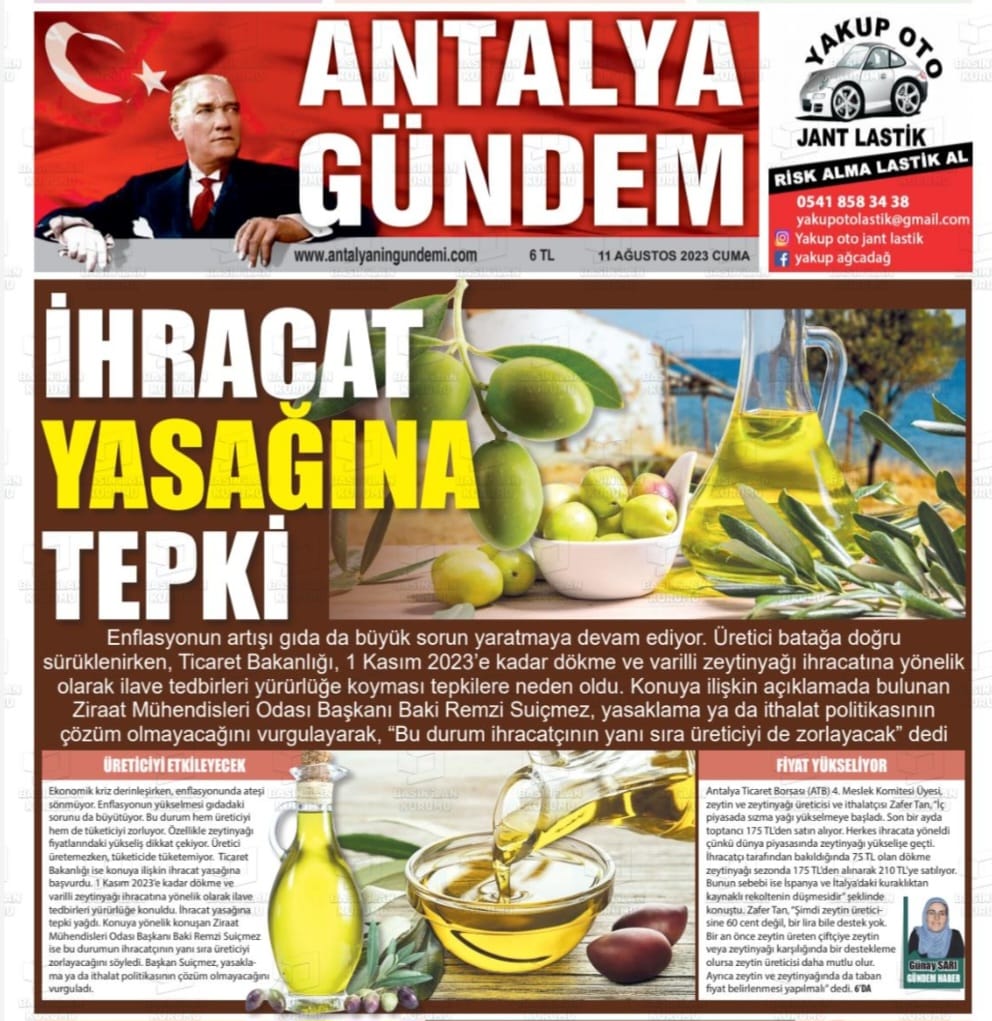 ANTALYA GÜNDEM GAZETESİ: İHRACAT YASAĞINA TEPKİ- 11 AĞUSTOS 2023