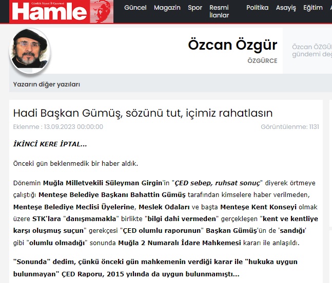 HAMLE GAZETESİ: HADİ BAŞKAN GÜMÜŞ, SÖZÜNÜ TUT, İÇİMİZ RAHATLASIN- 13 EYLÜL 2023