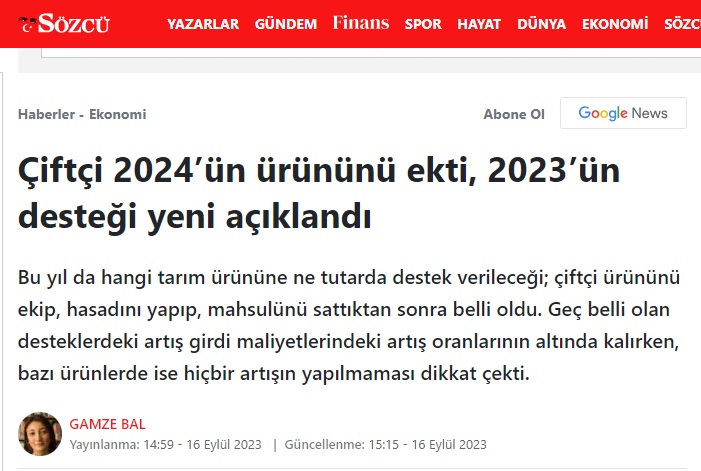 SÖZCÜ GAZETESİ: ÇİFTÇİ 2024'ÜN ÜRÜNÜNÜ EKTİ, 2023'ÜN DESTEĞİ YENİ AÇIKLANDI- 16 EYLÜL 2023