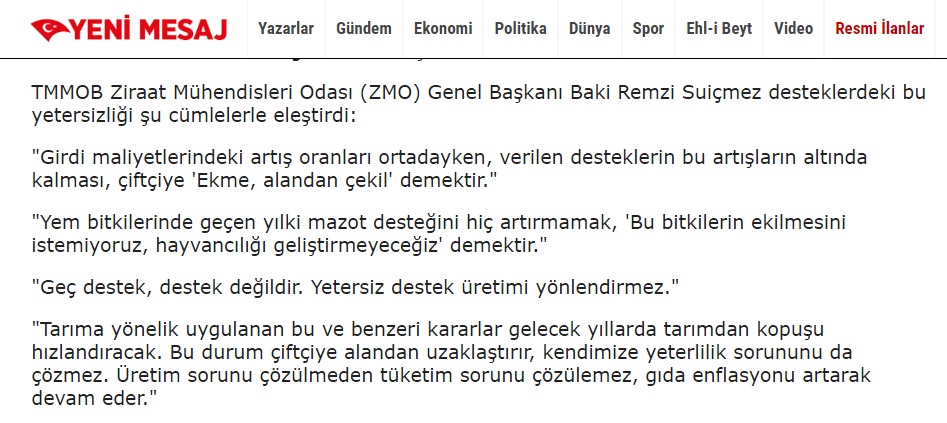 YENİ MESAJ GAZETESİ: ÇİFTÇİYE DESTEK YETERSİZ VE GEÇ VERİLİYOR- 20 EYLÜL 2023