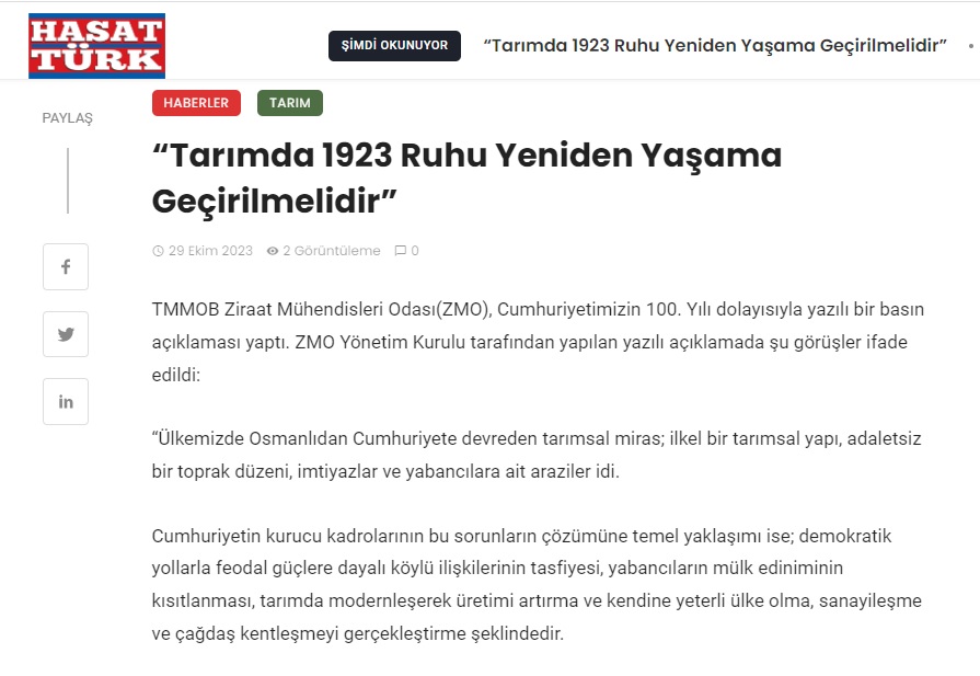 HASATTÜRK GAZETESİ: "TARIMDA 1923 RUHU YENİDEN YAŞAMA GEÇİRİLMELİDİR"- 29 EKİM 2023