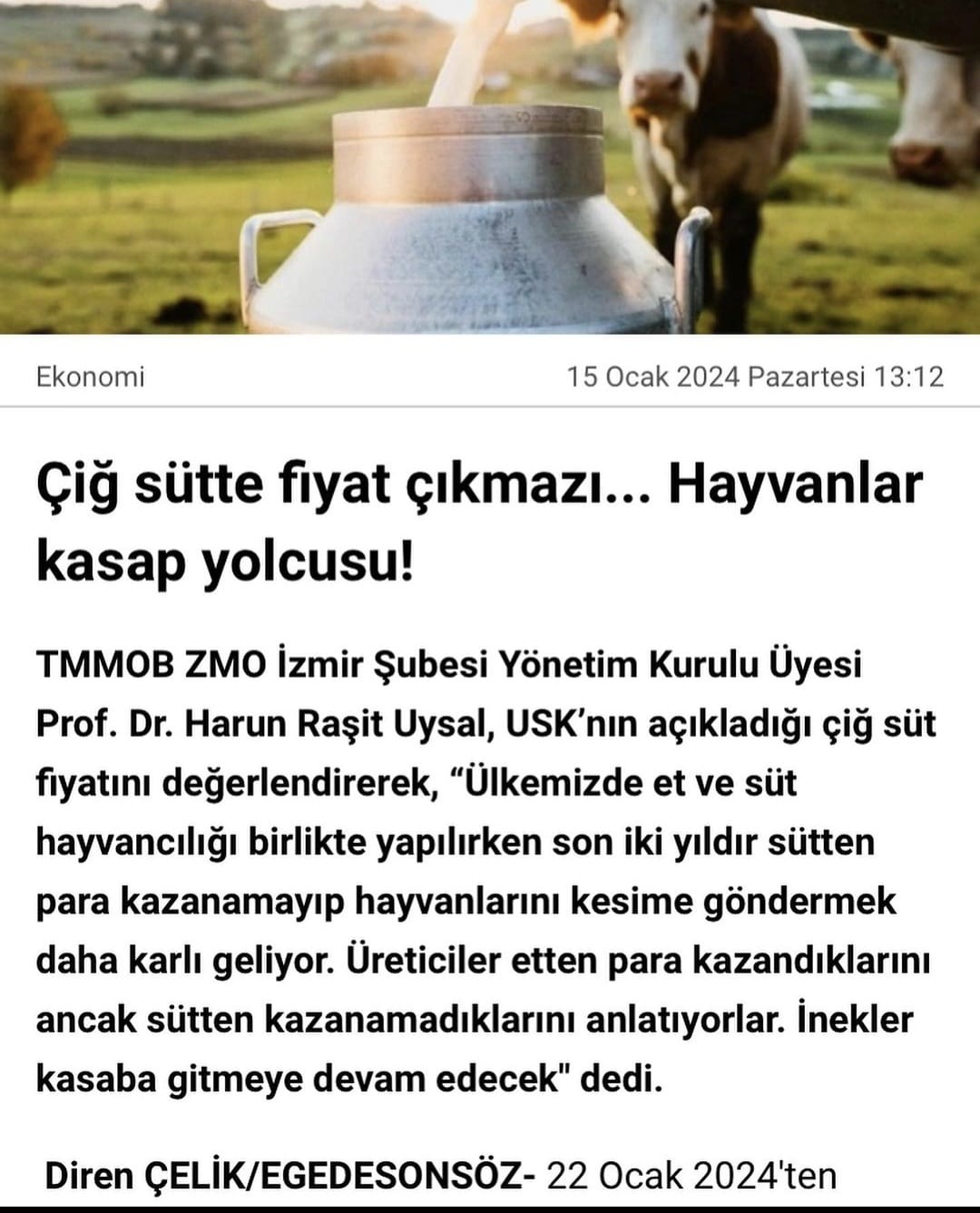 EGE`DE SON SÖZ GAZETESİ: ÇİĞ SÜTTE FİYAT ÇIKMAZI... HAYVANLAR KASAP YOLCUSU!- 15 OCAK 2024