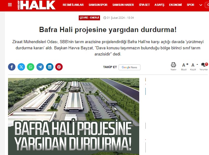 HEDEF HALK GAZETESİ: BAFRA HALİ PROJESİNE YARGIDAN DURDURMA!- 1 ŞUBAT 2024