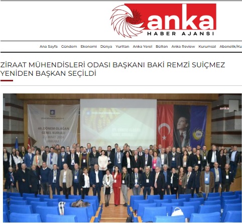 ANKA HABER AJANSI: ZİRAAT MÜHENDİSLERİ ODASI BAŞKANI BAKİ REMZİ SUİÇMEZ YENİDEN BAŞKAN SEÇİLDİ- 4 MART 2024