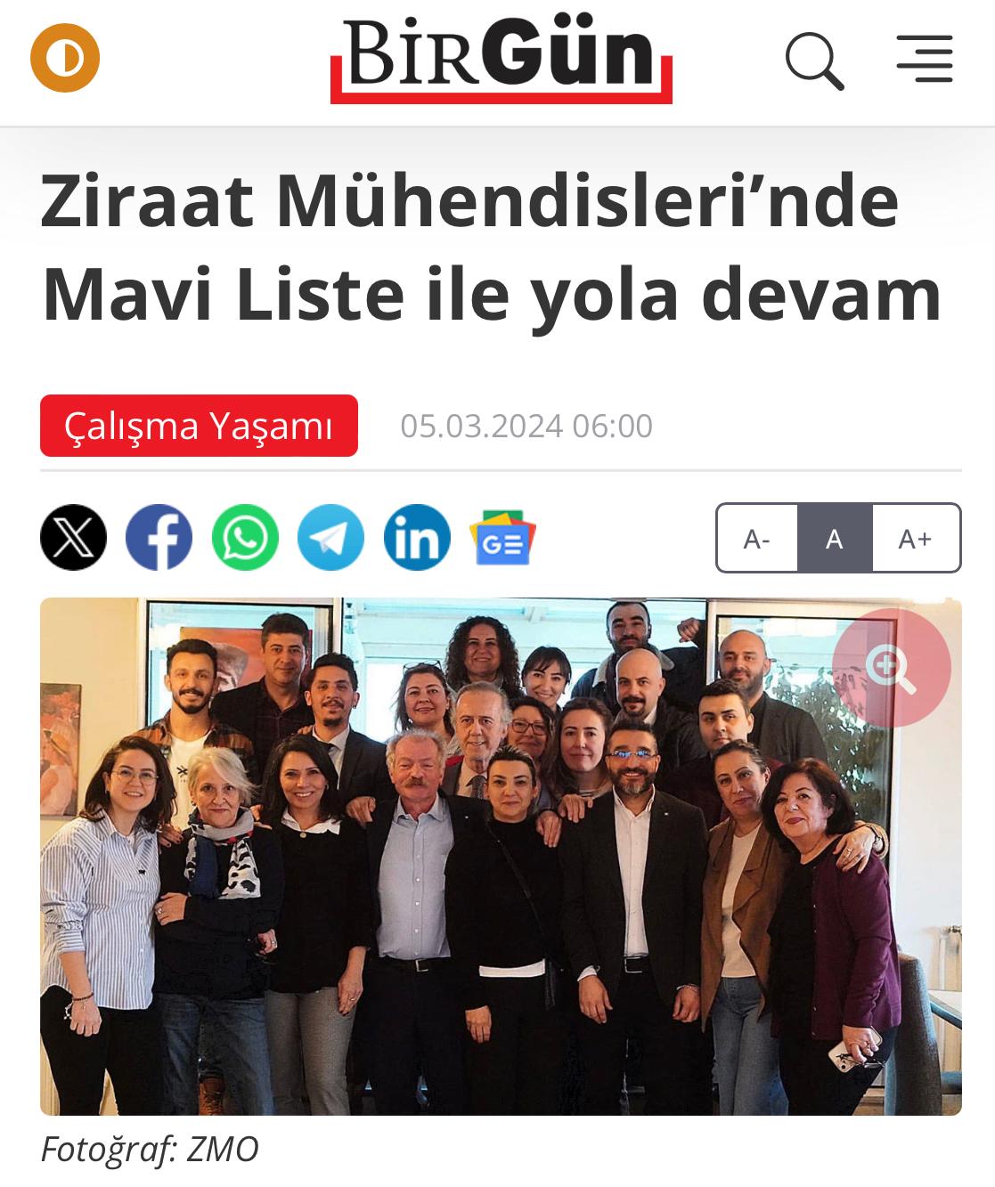 BİRGÜN GAZETESİ: ZİRAAT MÜHENDİSLERİ'NDE MAVİ LİSTE İLE YOLA DEVAM- 5 MART 2024