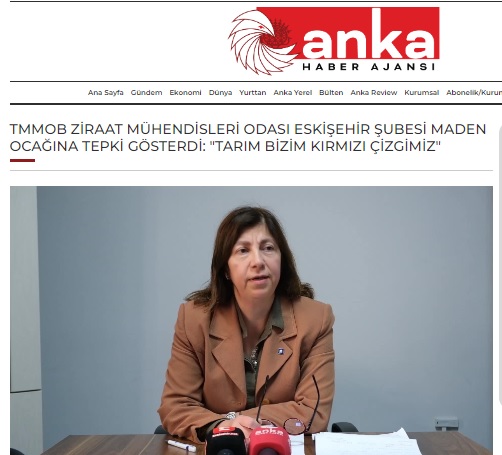 ANKA HABER AJANSI: TMMOB ZİRAAT MÜHENDİSLERİ ODASI ESKİŞEHİR ŞUBESİ MADEN OCAĞINA TEPKİ GÖSTERDİ: "TARIM BİZİM KIRMIZI ÇİZGİMİZ"- 15 MART 2024