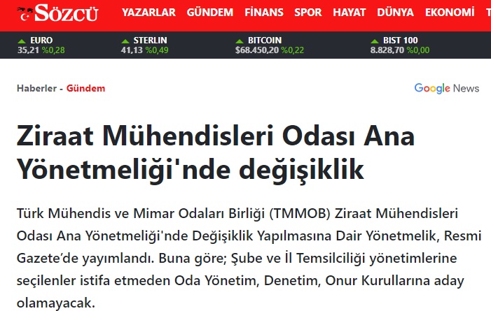 SÖZCÜ GAZETESİ: ZİRAAT MÜHENDİSLERİ ODASI ANA YÖNETMELİĞİ`NDE DEĞİŞİKLİK- 18 MART 2024