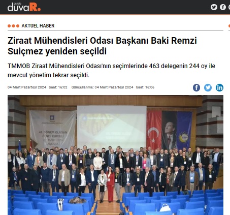 GAZETE DUVAR: ZİRAAT MÜHENDİSLERİ ODASI BAŞKANI BAKİ REMZİ SUİÇMEZ YENİDEN SEÇİLDİ- 4 MART 2024