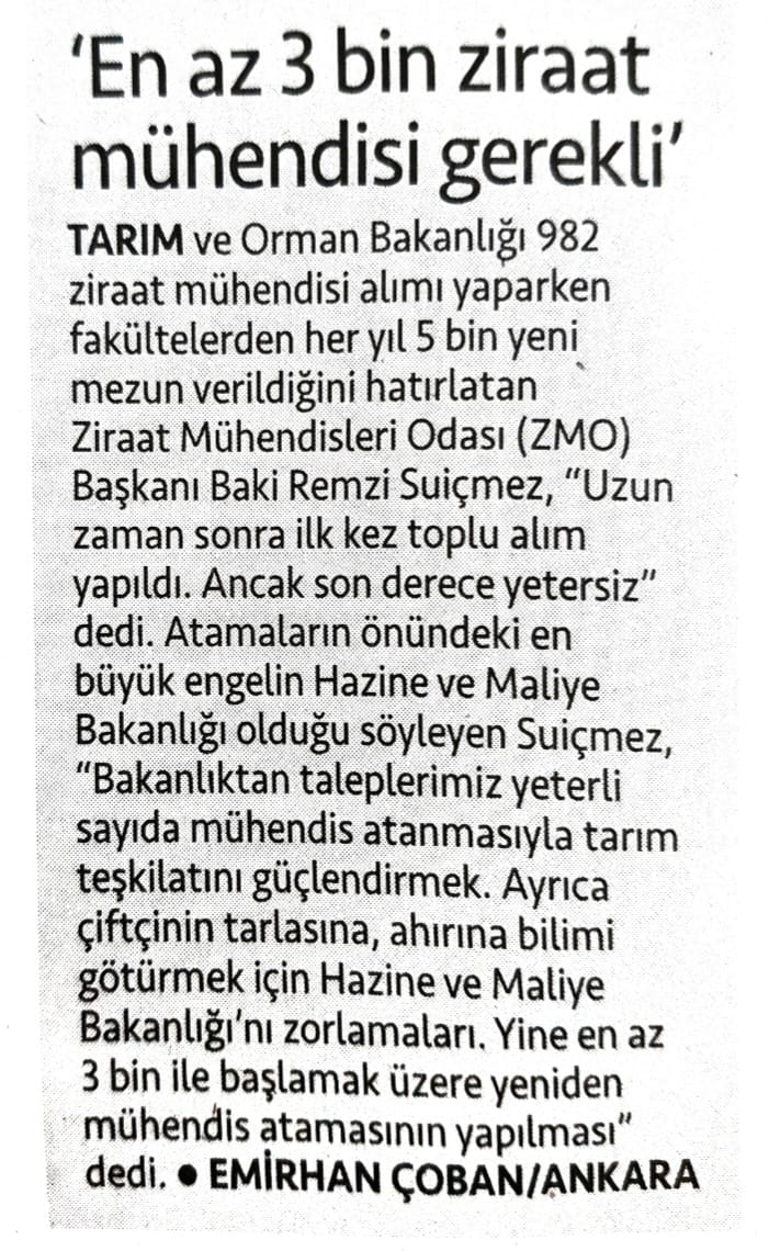 CUMHURİYET GAZETESİ: ‘EN AZ 3 BİN ZİRAAT MÜHENDİSİ GEREKLİ'- 22 MART 2024